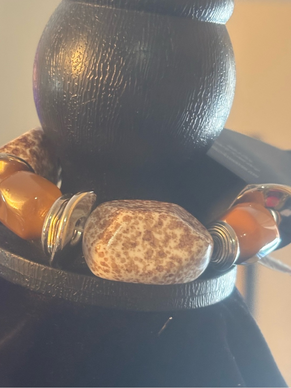 Brown Speckled Ceramic & Amber Bead Stretch Bracelet